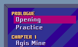 A screen with a blue background showing a menu with different options such as Opening, Practice, Agis Mine, etc.
